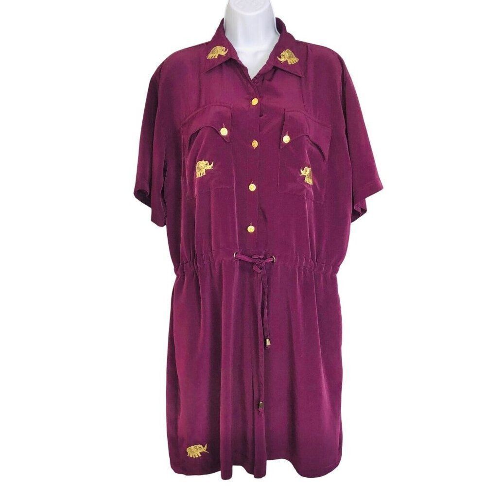 Vintage 90s Romper Shorts Size L Purple Gold Short Sleeve Embroidered Elephants